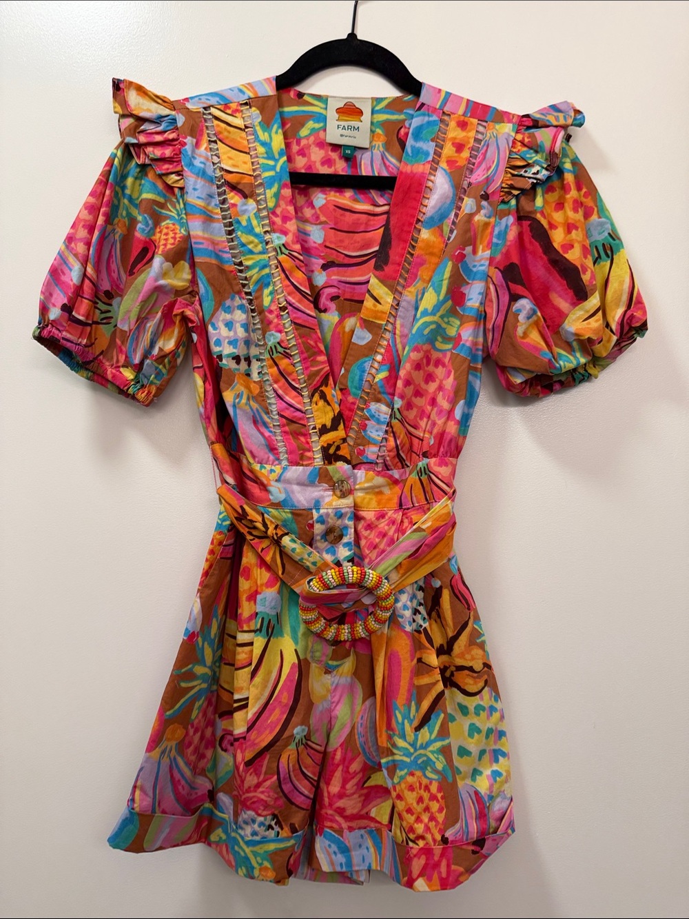 FARM Rio Tropical Fruit Print Puff Sleeve Romper Size XS Multicolor